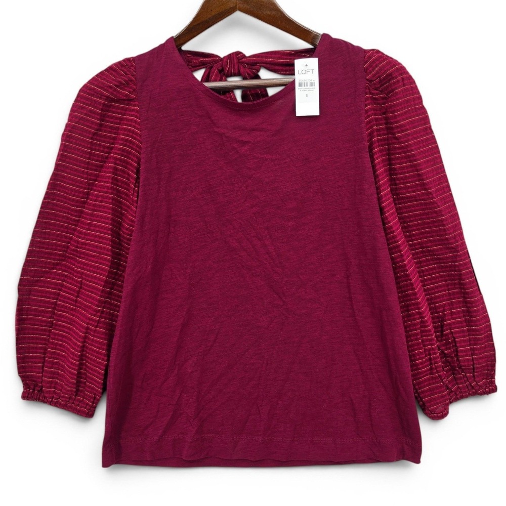 LOFT Small Burgundy Tie Back Puff Sleeve Top Cottagecore Romantic Boho NWT